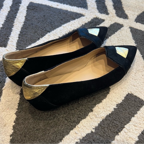 GUC Longchamp Black Gold Point Ballet Flats Leather and Calf Hair Authentic Shoe - Picture 4 of 9